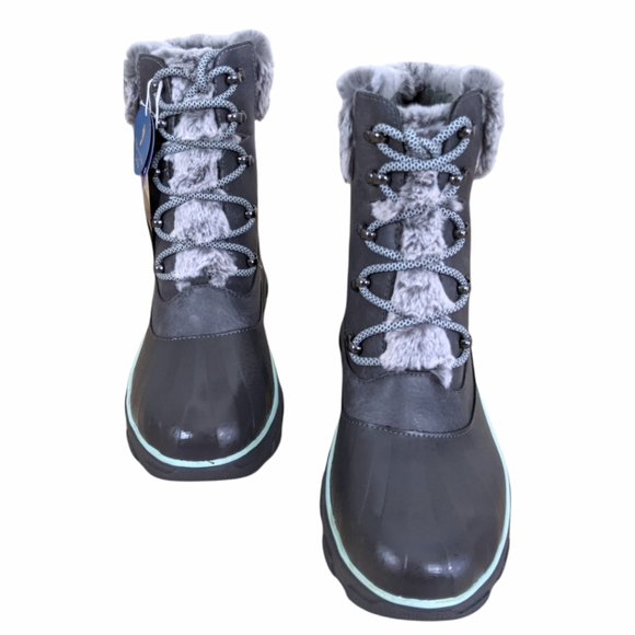 Jambu Women's Mayland Waterproof Grey Faux Fur Lace-Up Winter Duck Boots - Picture 2 of 12